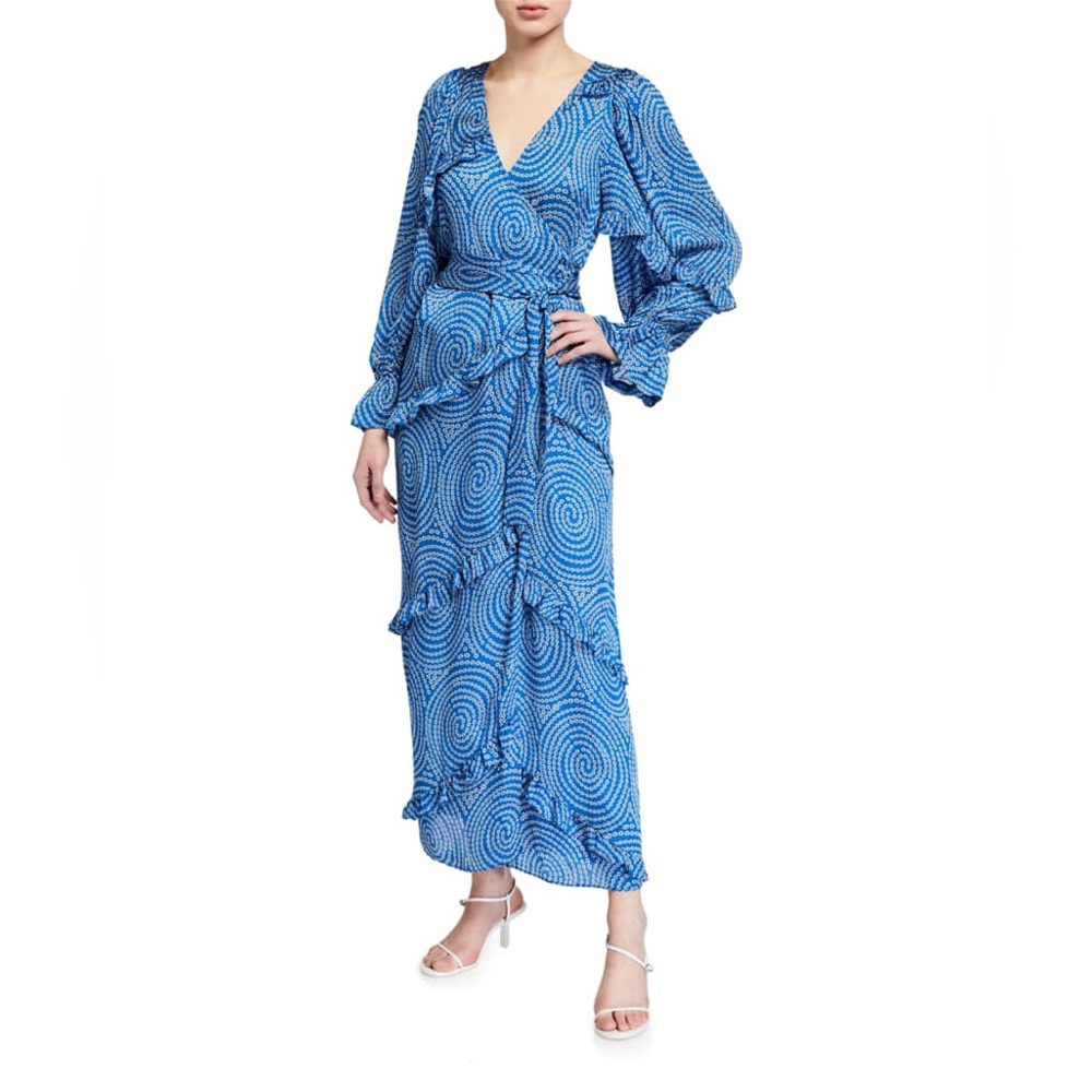 RHODE Crosby Printed Ruffle Long-Sleeve Wrap Dress
